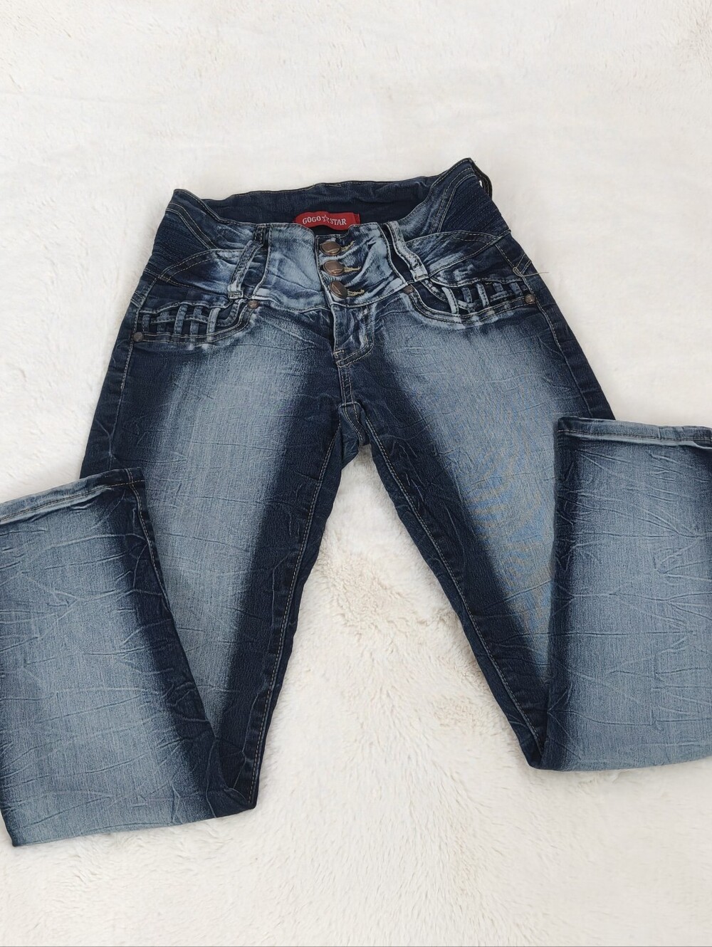 Y2K Style Gogo Star Whiskered Wash Multi Button Skinny Jeans XXS/XS